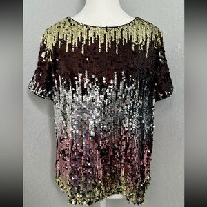 Eva Franco Sequin Short Sleeve Top - Gold, Brown, Silver
